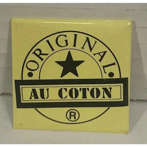 Vintage 1980s Au Coton Original Square Pinback Button Yellow Pin 1.5” Canada‎